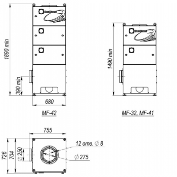 Габаритные и присоединительные размеры MF-31, MF-32, MF-41, MF-42